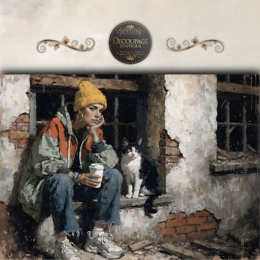 Modern Girl with Cat Urban Decoupage Tissuepapier