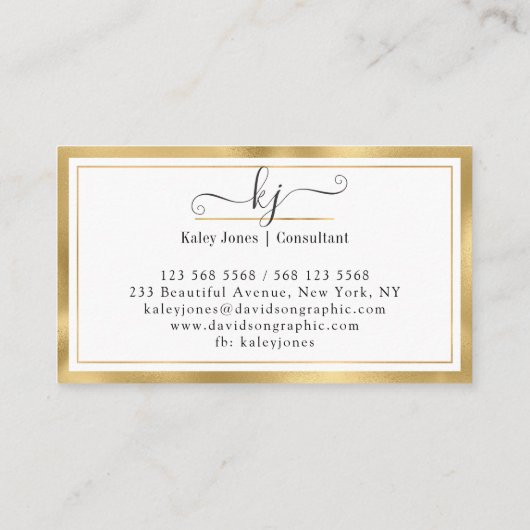 Modern Girly 2 Monogram Script Gold White Business Visitekaartje (Achterkant)