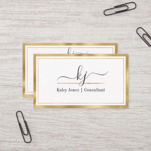 Modern Girly 2 Monogram Script Gold White Visitekaartje (Voorkant / Achterkant in situ)