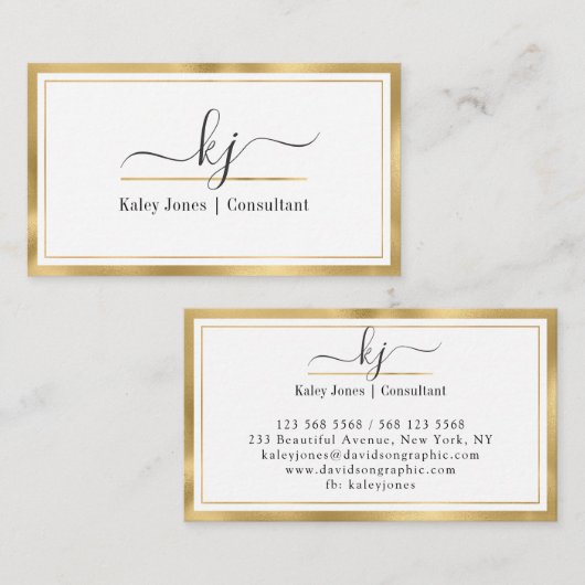 Modern Girly 2 Monogram Script Gold White Visitekaartje (Voorkant / Achterkant)