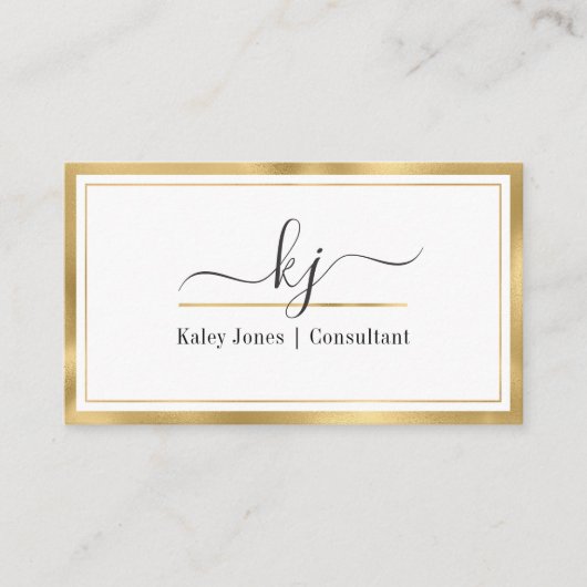 Modern Girly 2 Monogram Script Gold White Visitekaartje (Voorkant)