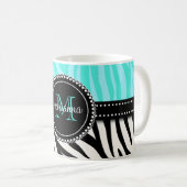 Modern Girly Black Aqua Zebra Afdrukken op maat Koffiemok (Voorkant rechts)
