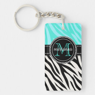 Modern Girly Black Aqua Zebra Afdrukken op maat Sleutelhanger
