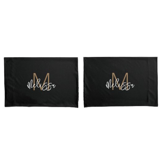 Modern Girly Black Gold Monogram Initiaal Naam Chi Kussensloop (Voorkant-Set)