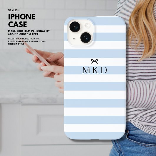 Modern Girly Blauw Streep Zwart Boog Monogram Case-Mate iPhone Case