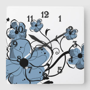 Modern Girly Blue en Black Flowers Vierkante Klok