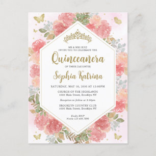 Modern Girly Blush Roze Bloemen Goud Quinceañera Briefkaart
