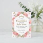 Modern Girly Blush Roze Bloemen Goud Quinceañera Briefkaart (Staand voorkant)