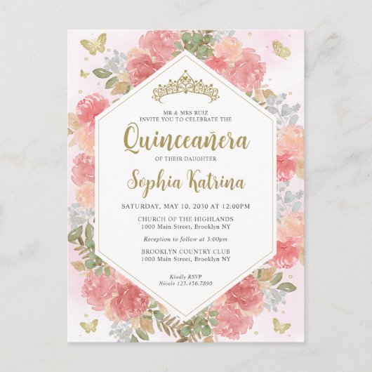 Modern Girly Blush Roze Bloemen Goud Quinceañera Briefkaart (Voorkant)