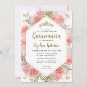 Modern Girly Blush Roze Bloemen Goud Quinceañera Kaart