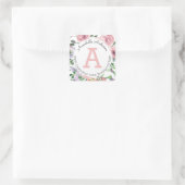 Modern Girly Blush Roze Bloemen Waterverf Monogram Vierkante Sticker (Tas)