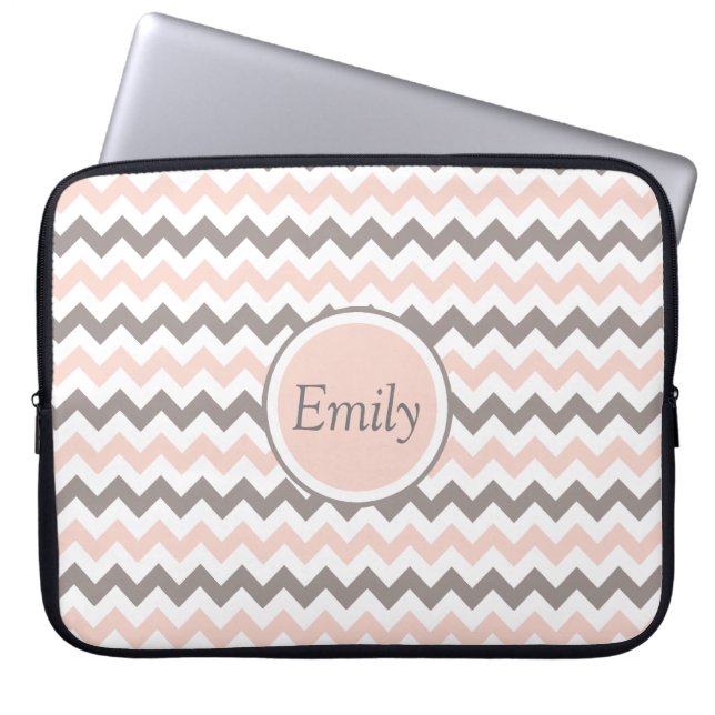 Modern Girly Blush roze Gray Chevron met naam Laptop Sleeve (Voorkant)