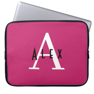 Modern Girly Bright Pink Monogram Initiaal + Naam Laptop Sleeve