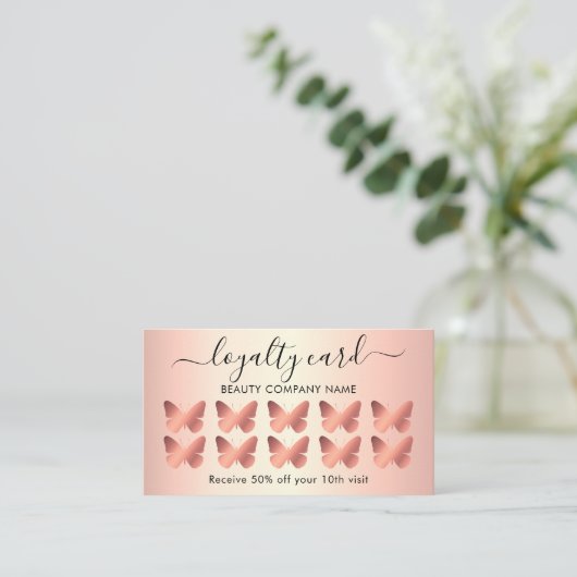 Modern Girly Butterfly Roos Gold Loyalty Kaart Visitekaartje (Staand voorkant)