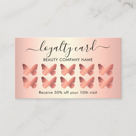 Modern Girly Butterfly Roos Gold Loyalty Kaart Visitekaartje (Voorkant)