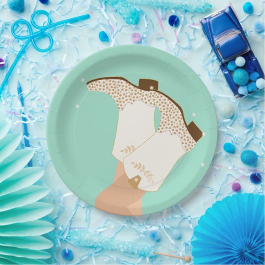 Modern Girly Cowgirl Boots Stars Mint Papieren Bordje (Feest)