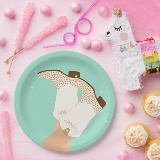Modern Girly Cowgirl Boots Stars Mint Papieren Bordje (Feest)