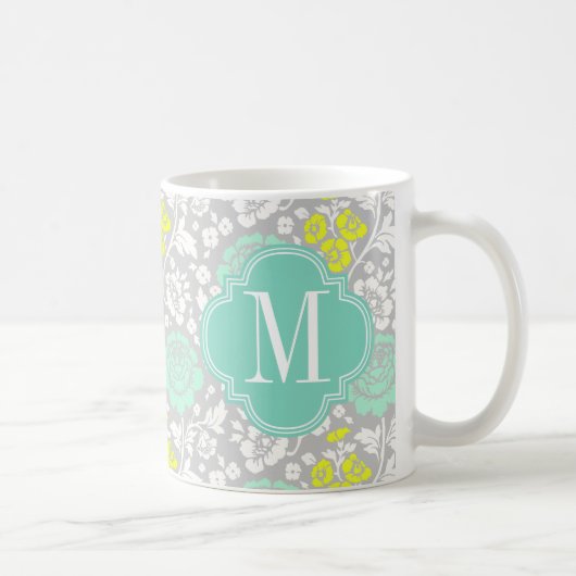 Modern Girly Floral Aqua Yellow Grey Personalized Koffiemok (Rechts)