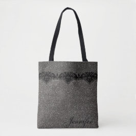 Modern Girly Grey Glitter Black Lace Personalized Tote Bag