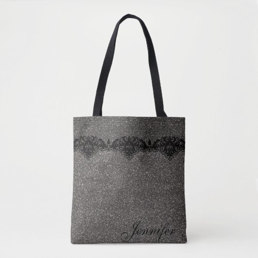 Modern Girly Grey Glitter Black Lace Personalized Tote Bag (Voorkant)