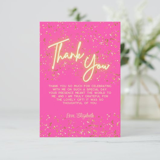 Modern Girly Hot Pink Neon Glow Dank je Script Bedankkaart (Staand voorkant)