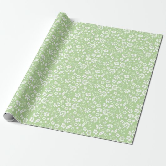 Modern Girly Licht Groen Lente Bloem Patroon Cadeaupapier (Uitgerold)