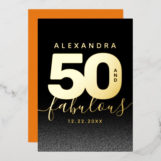 Modern Girly Oranje 50 en Fabulous Folie Uitnodiging (Voorkant / Achterkant)