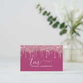 Modern Girly Pink Glitter Drip Monogram Script Visitekaartje (Staand voorkant)