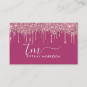 Modern Girly Pink Glitter Drip Monogram Script Visitekaartje (Voorkant)