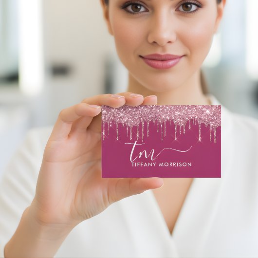 Modern Girly Pink Glitter Drip Monogram Script Visitekaartje
