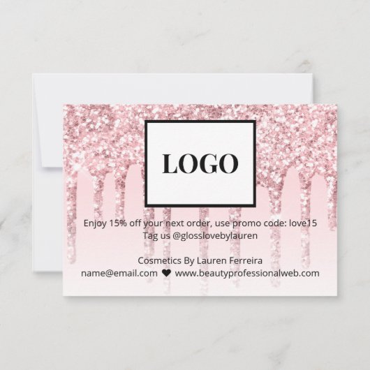 Modern Girly Pink Glitter Drippings Promo Code Bedankkaart (Achterkant)
