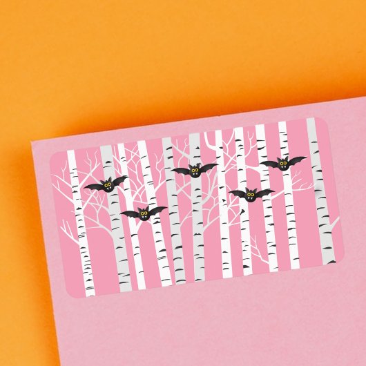 Modern Girly Pink Halloween Bats Birch Forest Etiket