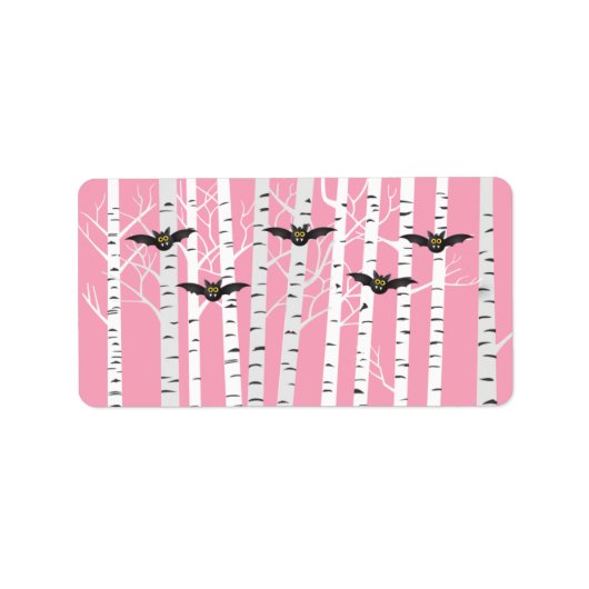 Modern Girly Pink Halloween Bats Birch Forest Etiket (Voorkant)