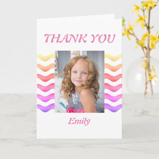 Modern Girly Pink Waves Verjaardagsfoto Dank u Kaart (Gele Bloem)