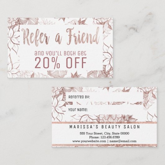 Modern Girly Roos Gold Floral-verwijzingskaart Aanbevelingskaartje (Voorkant / Achterkant)