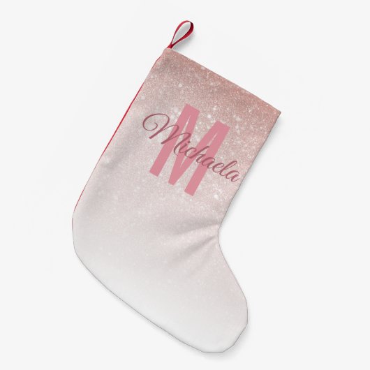 Modern Girly Roos Goud Glitter Roze Ombre Monogram Kleine Kerstsok (Voorkant (Hangend))