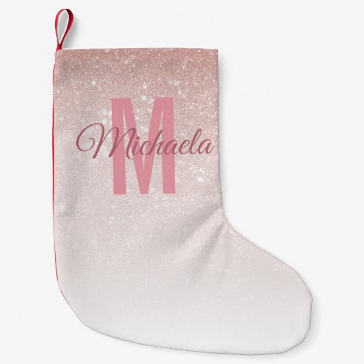 Modern Girly Roos Goud Glitter Roze Ombre Monogram Kleine Kerstsok (Voorkant)