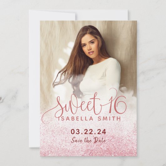 Modern girly rose gold glitter chic photo sweet 16 save the date (Voorkant)