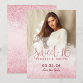 Modern girly rose gold glitter chic photo sweet 16 save the date (Voorkant / Achterkant)