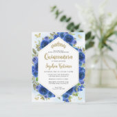 Modern Girly Royal Blue Bloemen Goud Quinceañera Briefkaart (Staand voorkant)