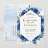 Modern Girly Royal Blue Bloemen Goud Quinceañera Briefkaart (Voorkant / Achterkant)