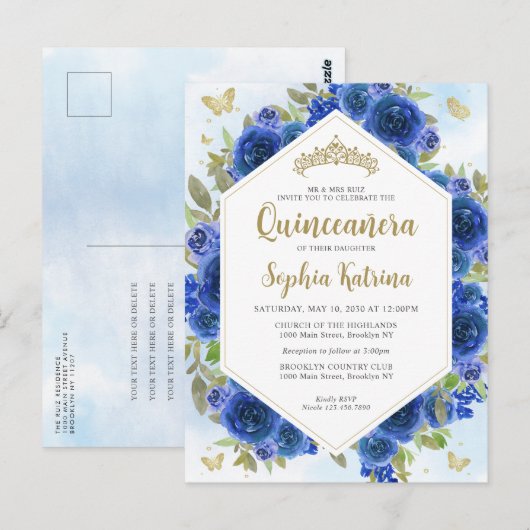 Modern Girly Royal Blue Bloemen Goud Quinceañera Briefkaart (Voorkant / Achterkant)