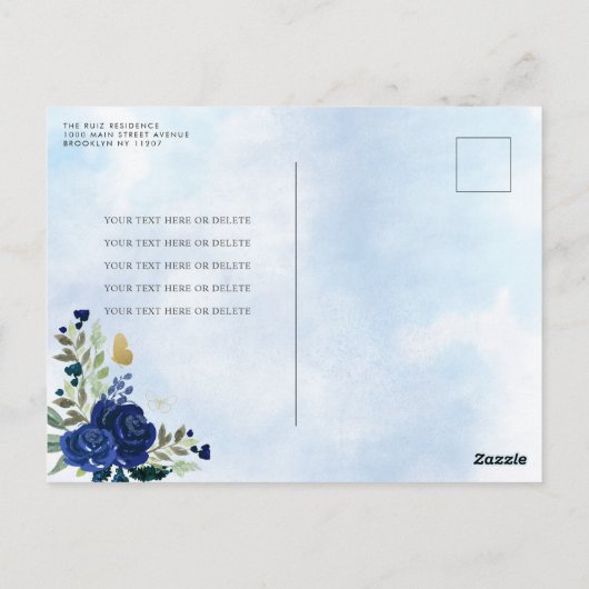 Modern Girly Royal Blue Bloemen Goud Quinceañera Briefkaart (Achterkant)