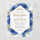 Modern Girly Royal Blue Bloemen Goud Quinceañera Briefkaart (Voorkant)