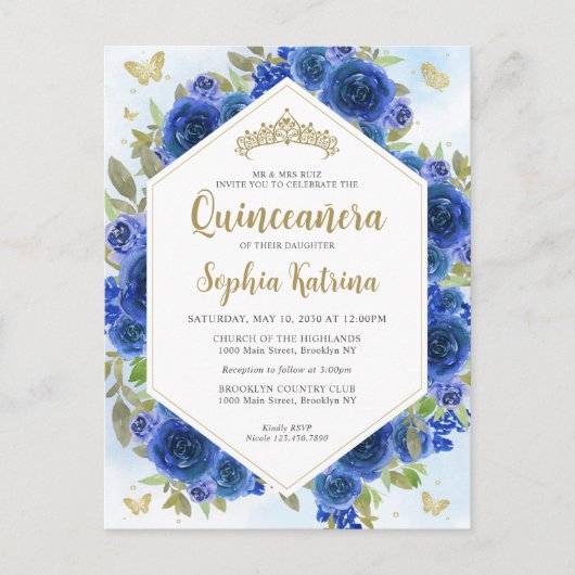 Modern Girly Royal Blue Bloemen Goud Quinceañera Briefkaart (Voorkant)