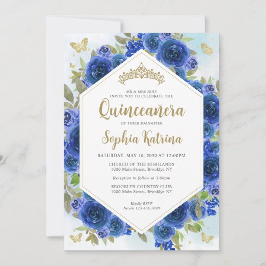 Modern Girly Royal Blue Bloemen Goud Quinceañera Kaart (Voorkant)