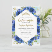 Modern Girly Royal Blue Bloemen Goud Quinceañera Kaart (Staand voorkant)