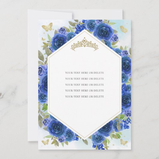 Modern Girly Royal Blue Bloemen Goud Quinceañera Kaart (Achterkant)