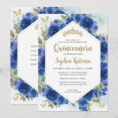Modern Girly Royal Blue Bloemen Goud Quinceañera Kaart (Voorkant / Achterkant)
