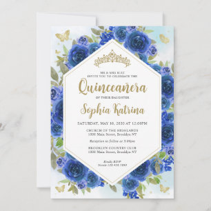 Modern Girly Royal Blue Bloemen Goud Quinceañera Kaart